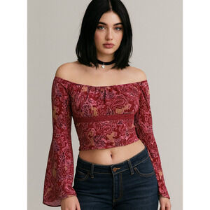 Y2K Boho Paisley Blouse Womens Red Sheer Lined Bell Sleeve Off Shoulder Top
